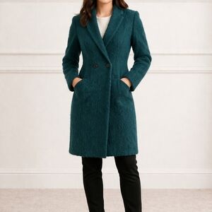 H&M Alpaca Mohair Blend Coat | Teal Wool Minimalist Tailored Jacket XS